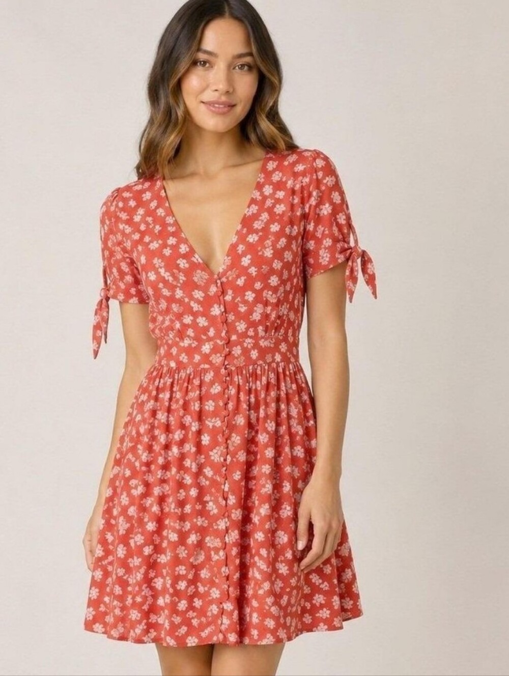 Madewell Floral Tie-Sleeve V-Neck Dress in Coral